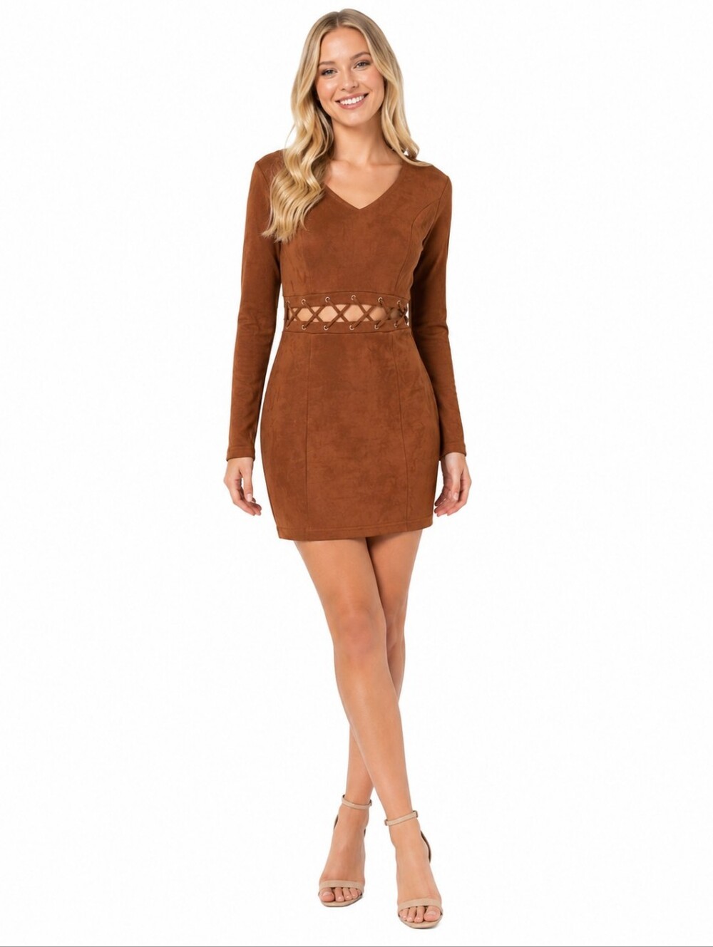 Faux Suede Brown Long-Sleeve mini dress